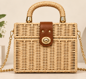 Jute Woven Handbag with Wooden Handle & Chain Strap