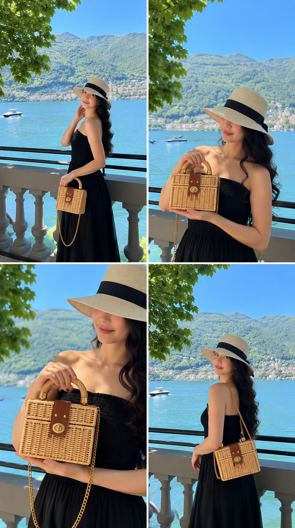 Jute Woven Handbag with Wooden Handle & Chain Strap