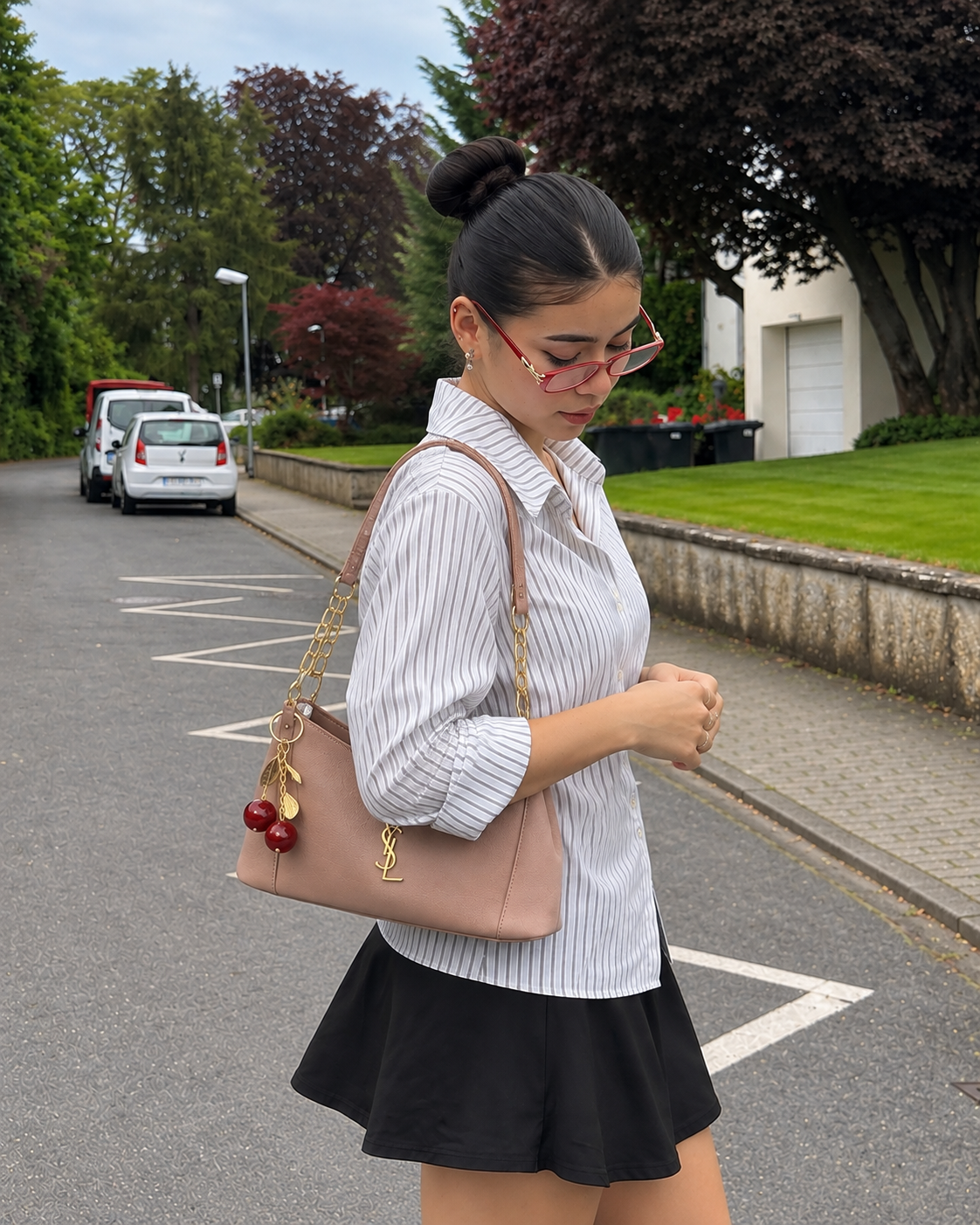 Elegant Shoulder Bag with Gold Chain & Cherry Charm