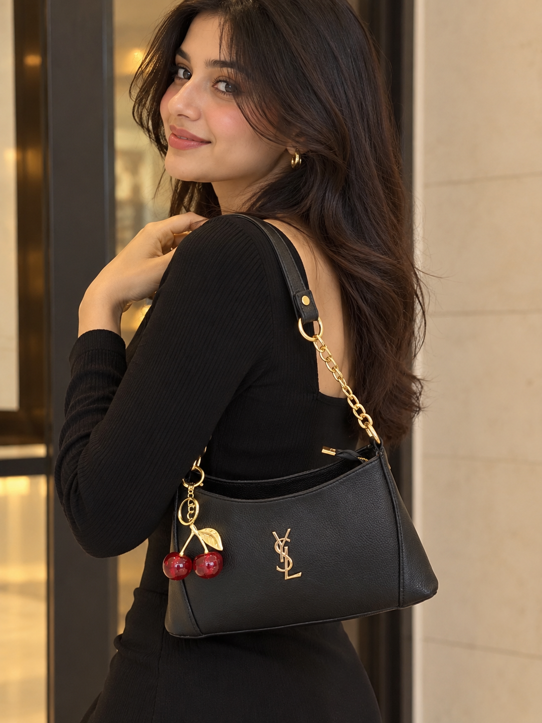 Elegant Shoulder Bag with Gold Chain & Cherry Charm