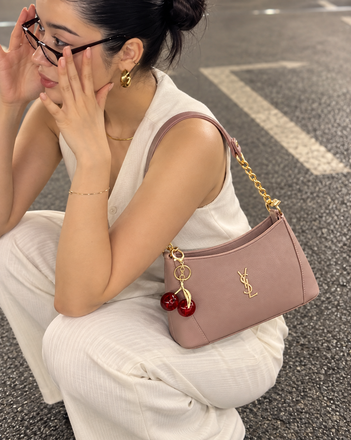 Elegant Shoulder Bag with Gold Chain & Cherry Charm