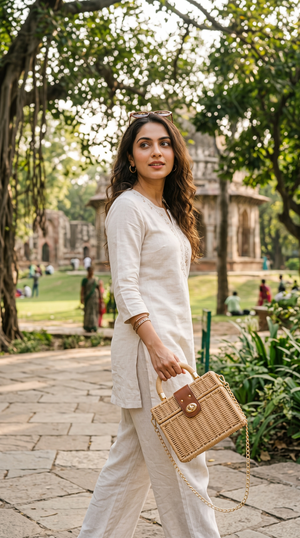 Jute Woven Handbag with Wooden Handle & Chain Strap