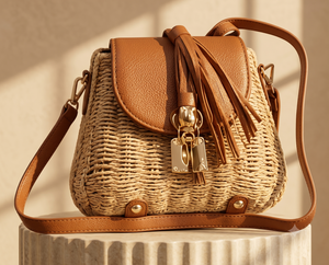 Boho Woven Jute Crossbody Shoulder Bag with Tassel & Faux Leather Flap
