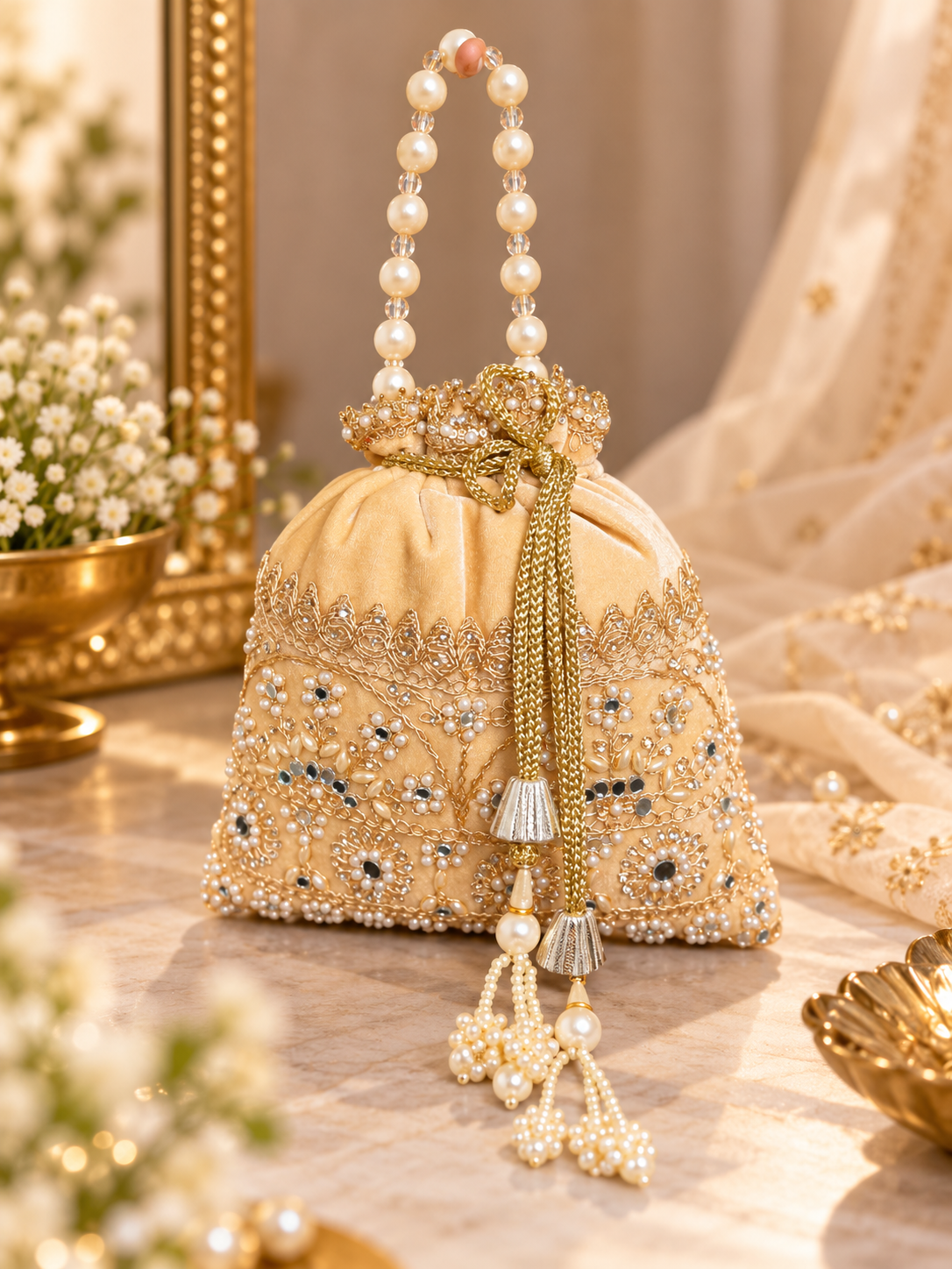 Pearl Embellished Velvet Potli Bag