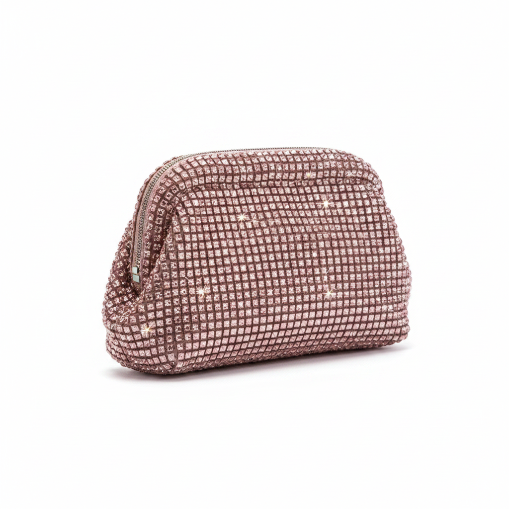 Crystal mesh evening clutch bag in rose pink on white background