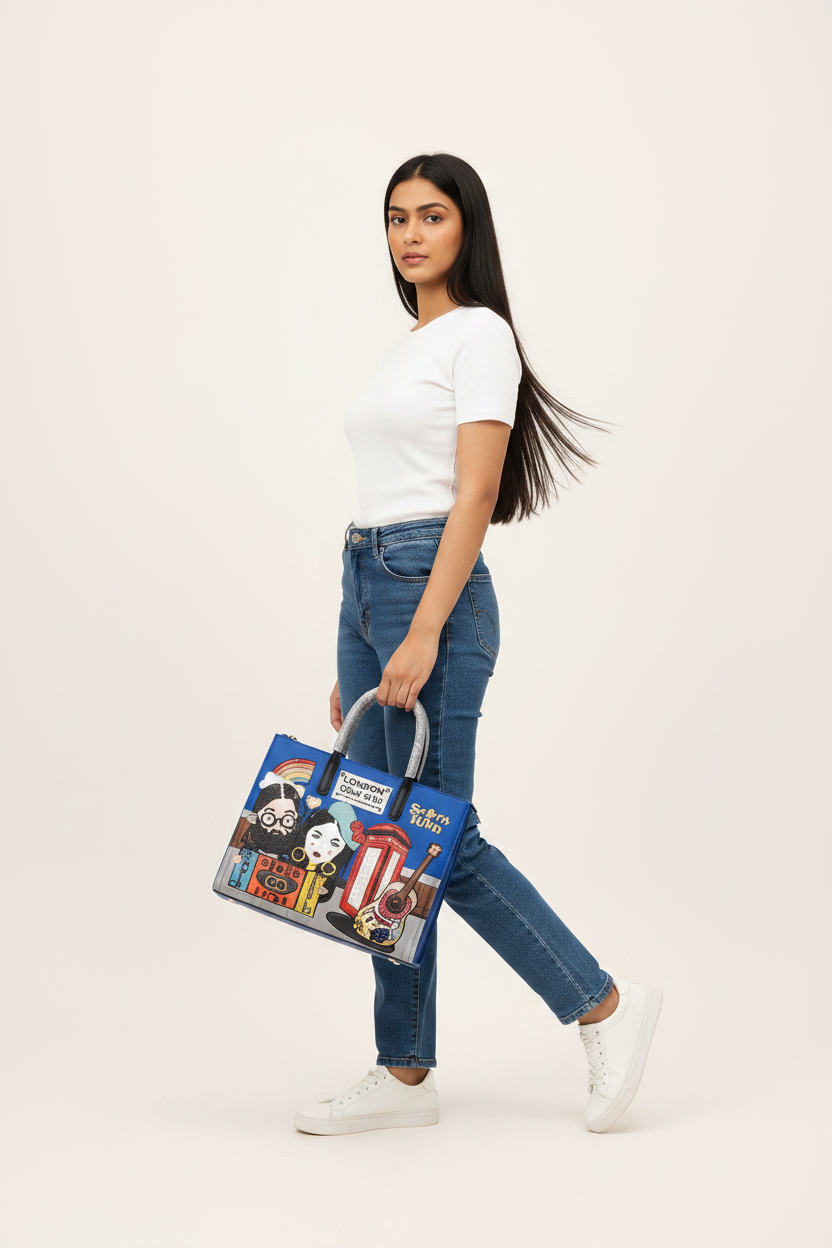 Indian Model Walking – White Top + Blue Denim + Blue Tote