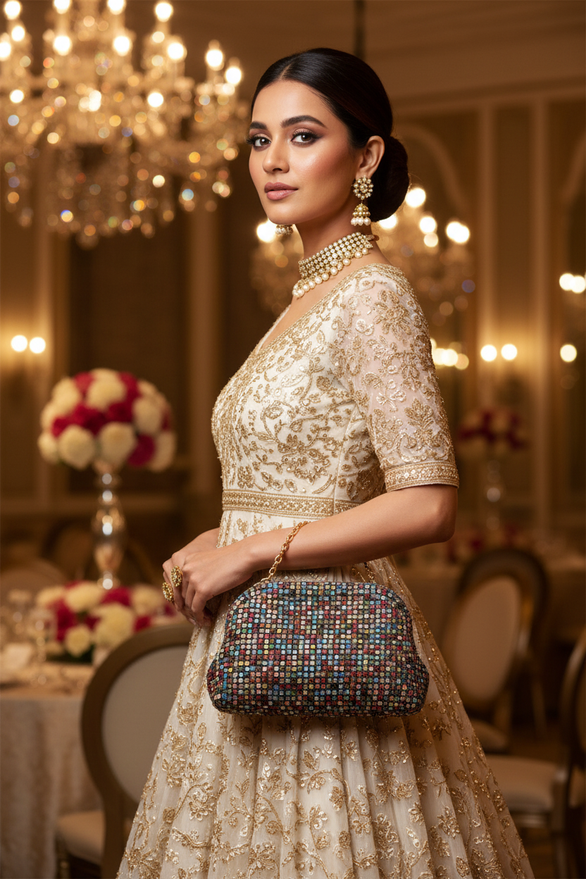 Look 2 — Reception: Mosaic Patchwork Clutch