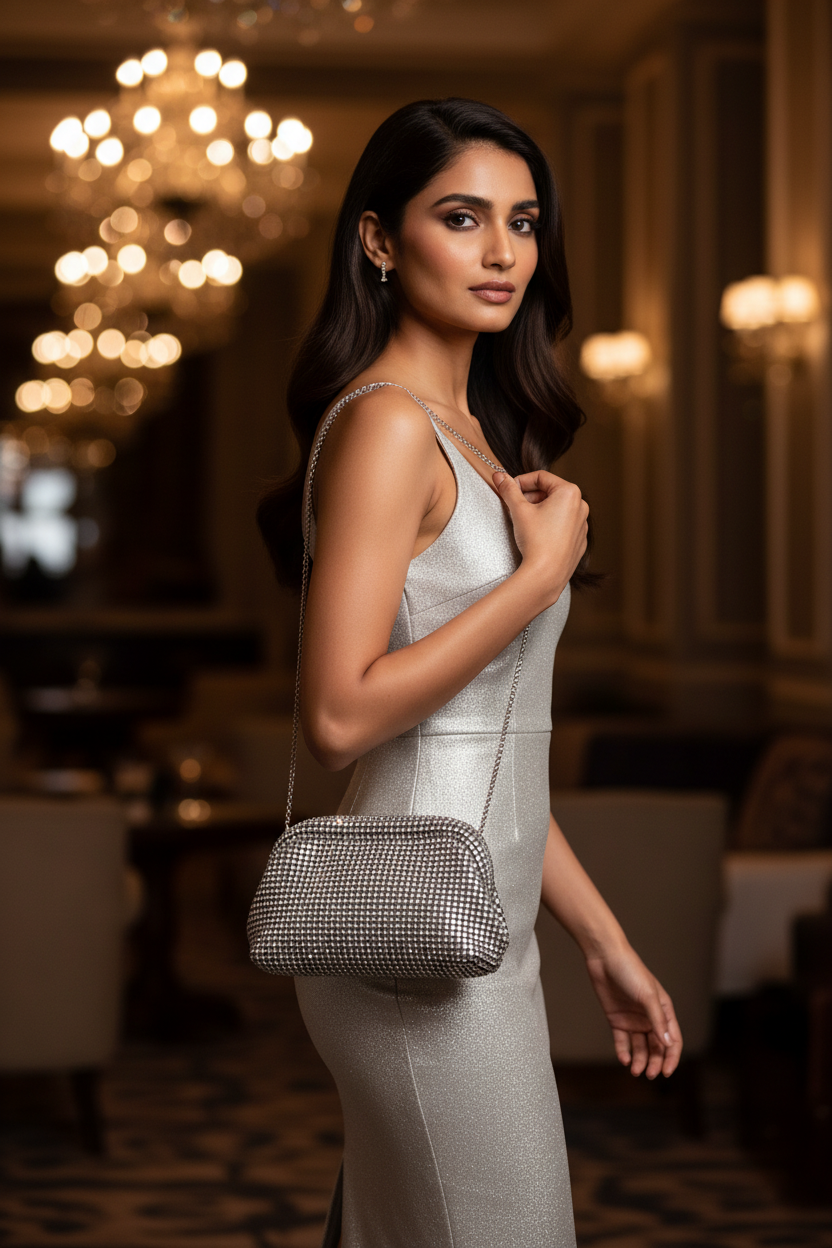 Look 4 — Cocktail: Silver Crystal Clutch on Chain