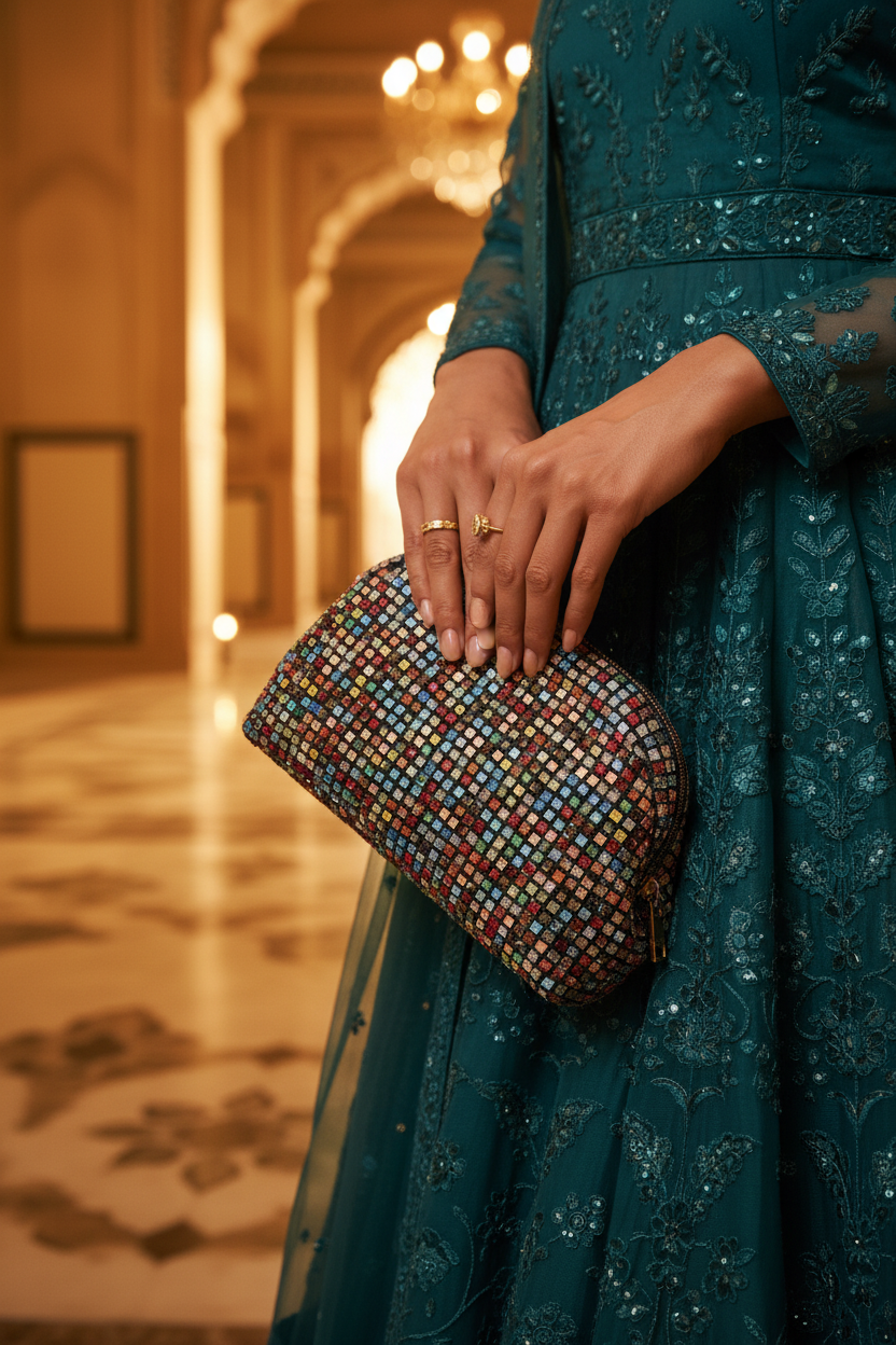Look 5 — Detail Close-Up: Mosaic Patchwork Clutch