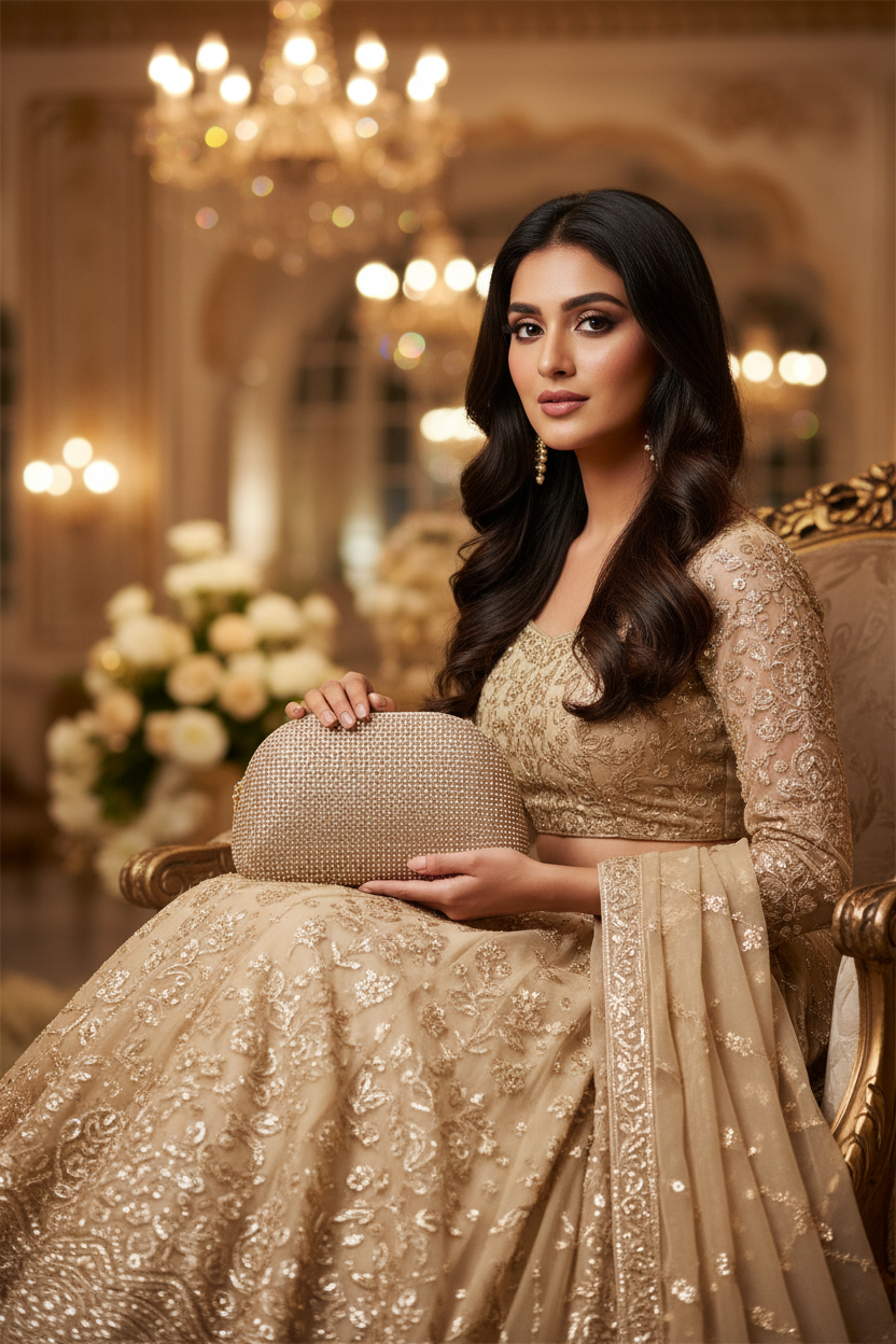 Look 5 — Editorial Close-Up: Champagne Gold Crystal Clutch