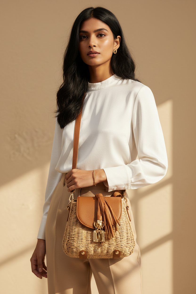Premium Fashion Campaign - Indian Model with Rattan Bag